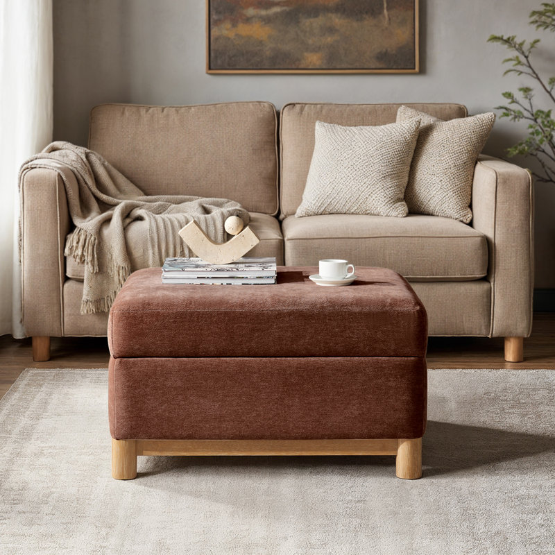 Repose-pieds avec rangement en chenille Elan Modern l 30,25 po avec pieds en bois massif, Rouille