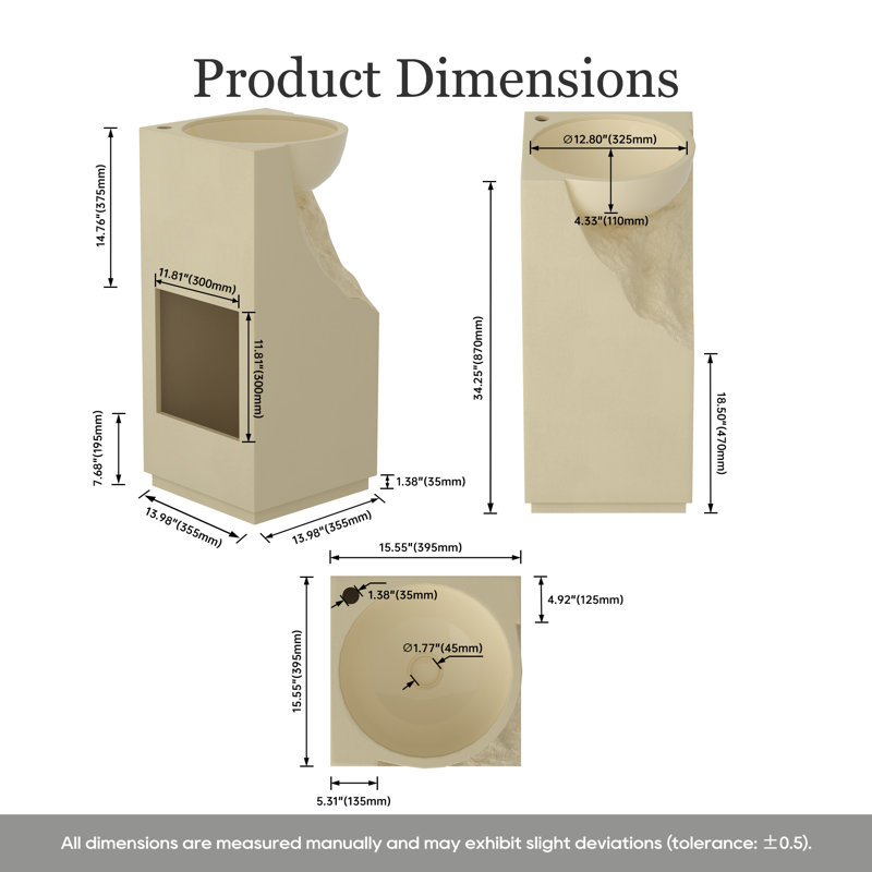 15 1/2'' Freestanding Solid Surface Pedestal Sink With Gloss Black Basin And Chiseled Front, Beige