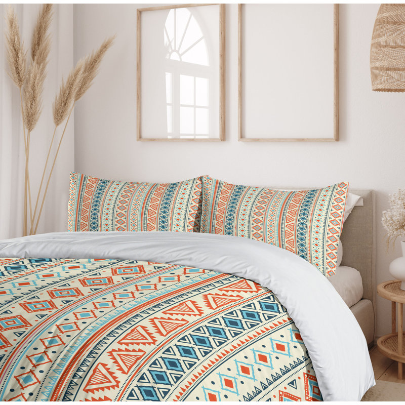 Aztec Pattern Blue Orange Ivory Queen Duvet Cover Set