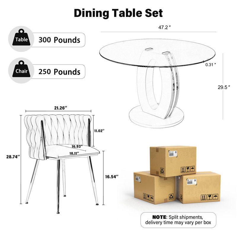 Modern Round Tempered Glass Pedestal Dining Set with Velvet Woven Dininig Chair, Black/Silver, White/Silver