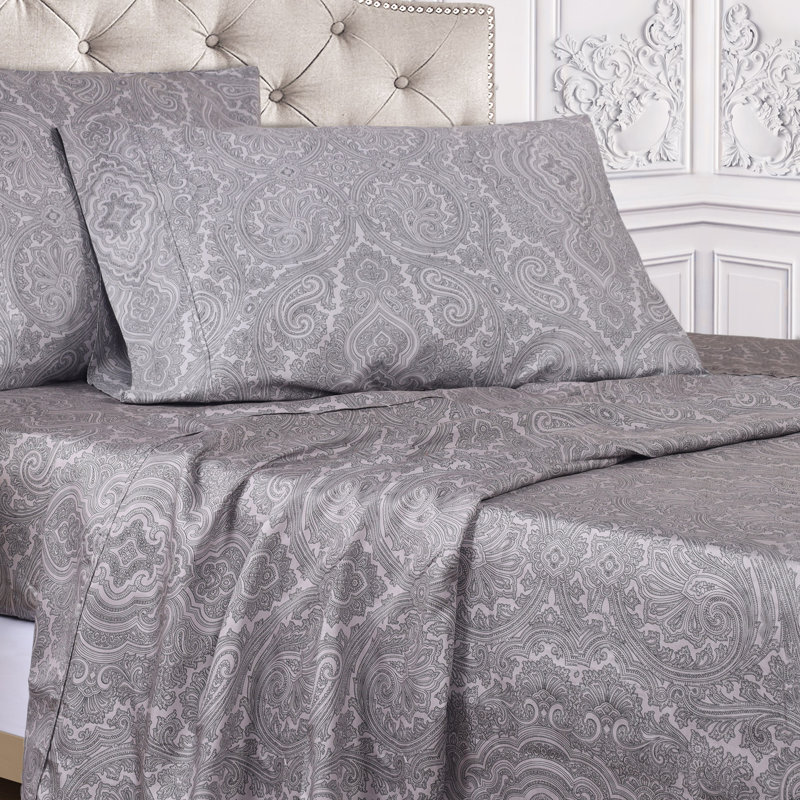 Dark Grey Cotton-Blend Paisley Full/Queen Duvet Cover Set