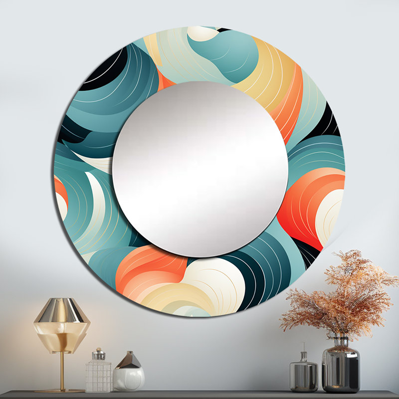 Motif ondulé géométrique orange et vert - Miroir rond abstrait mural_MTMIR131598, 23 po x 23 po