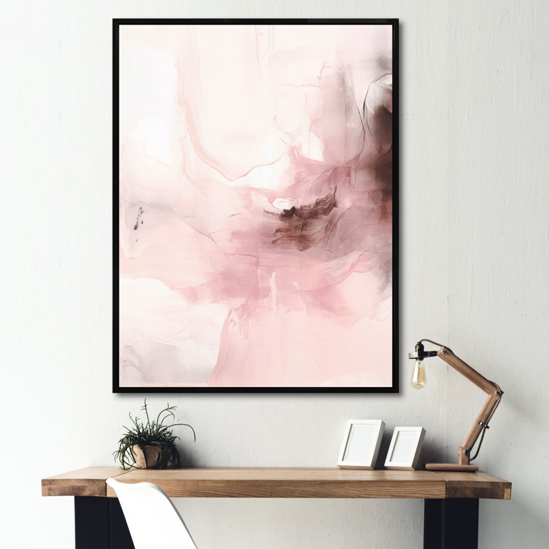 Rose délicat abstrait marbre IV - art mural abstrait en marbre, H 44 po x l 34 po x P 1,5 po, Cadre flottant noir