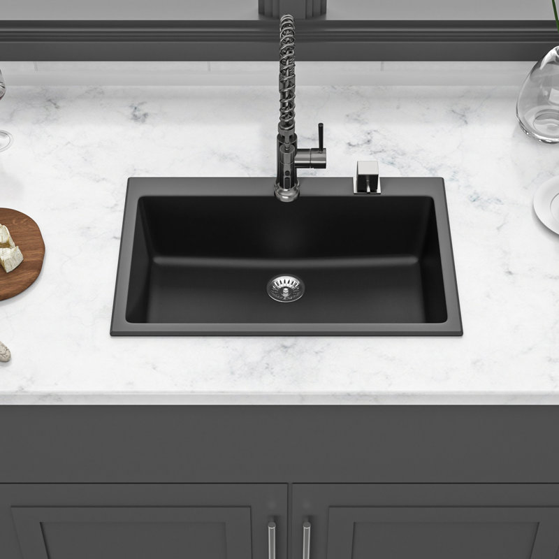 Black Granite Quartz Kitchen Sink 33X22", Stain- Granite Hygienic And Silent, Black