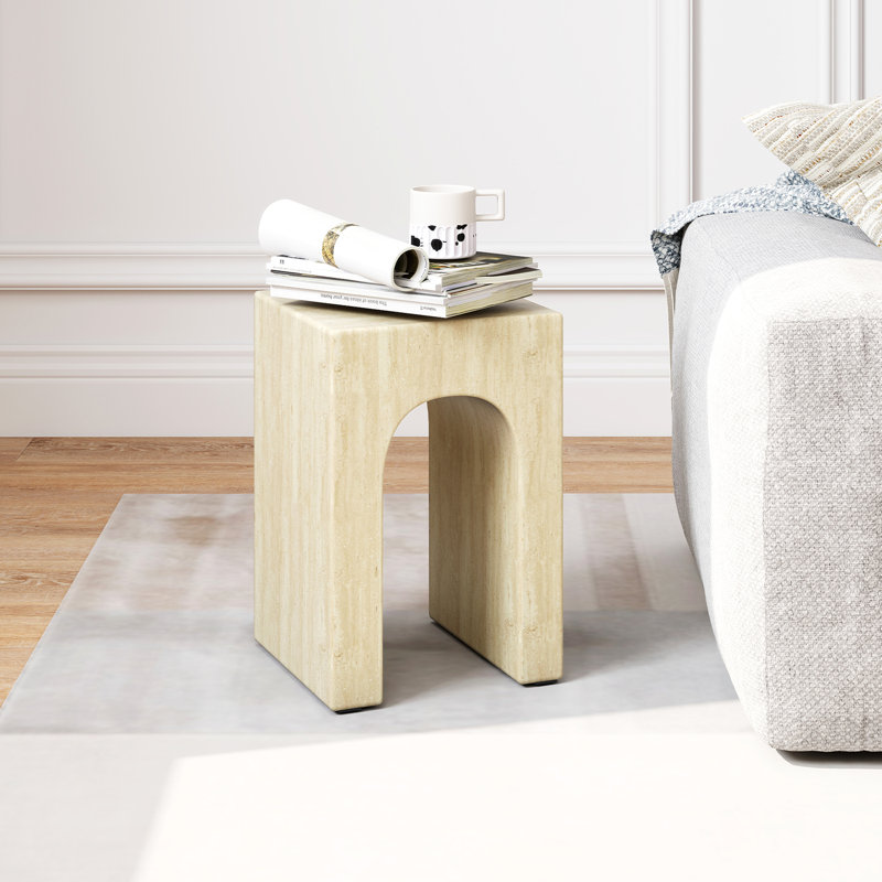 Modern 18" Hollow Arch Faux Marble Square Side Table With Engineered Cementitious Composites End Table For Living Room, Beige