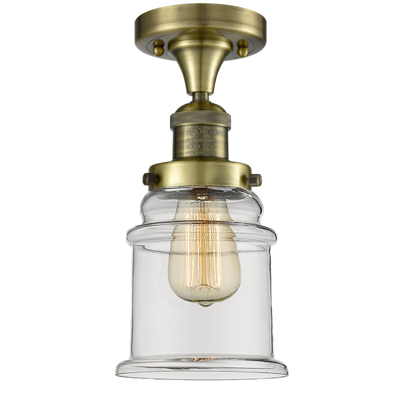 Arley Glass Semi Flush Mount, 6 Watt Vinage LED Bulb, Antique Brass, Clear