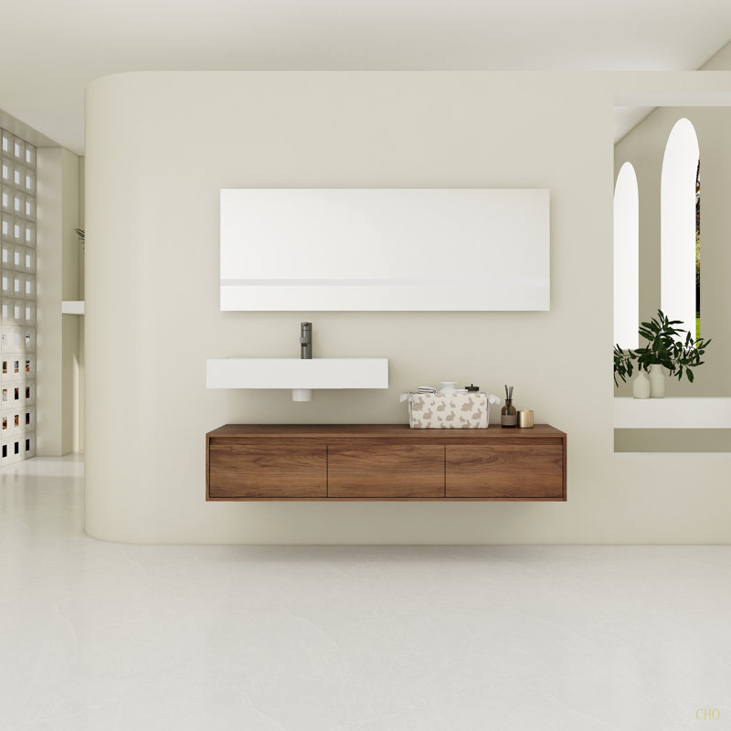 Meuble-lavabo mural de 60 po avec lavabo en résine, tiroir à fermeture en douceur et fixation flottante
