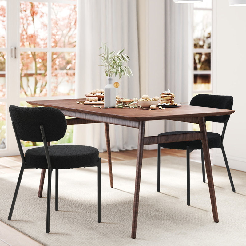Dining Chairs Set of 2 pcs, Boucle Comfortable Upholstered Seat Fabric with Curved Backrest, Black, Black