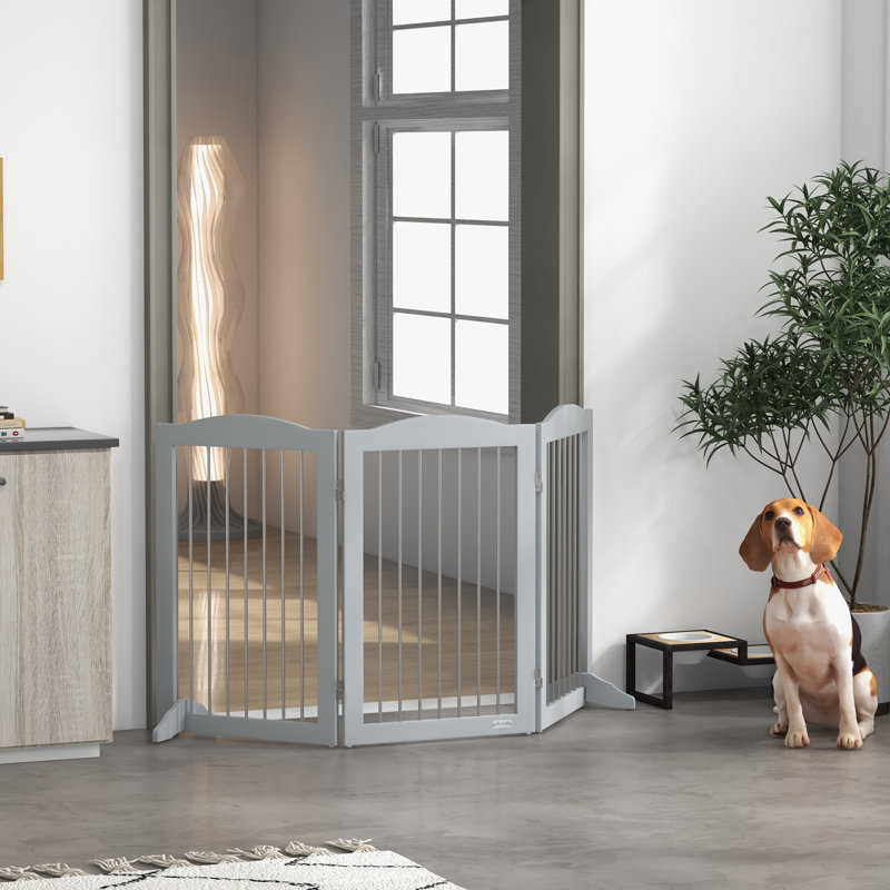 Foldable Dog Gate Freestanding Pet Gate with Two Support Feet, Grey