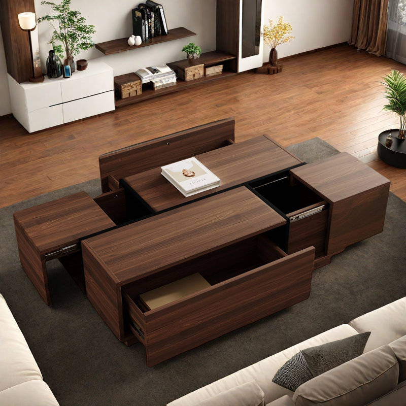 Rectangular Sliding Top Coffee Table With 2 Drawers And 2 Hidden Storage Compartments