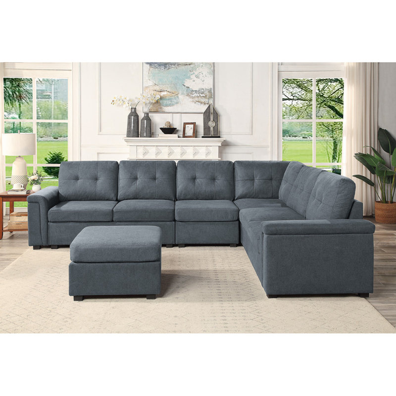 Canapé modulaire moderne à 7 places en tissu tissé avec repose-pieds Isla