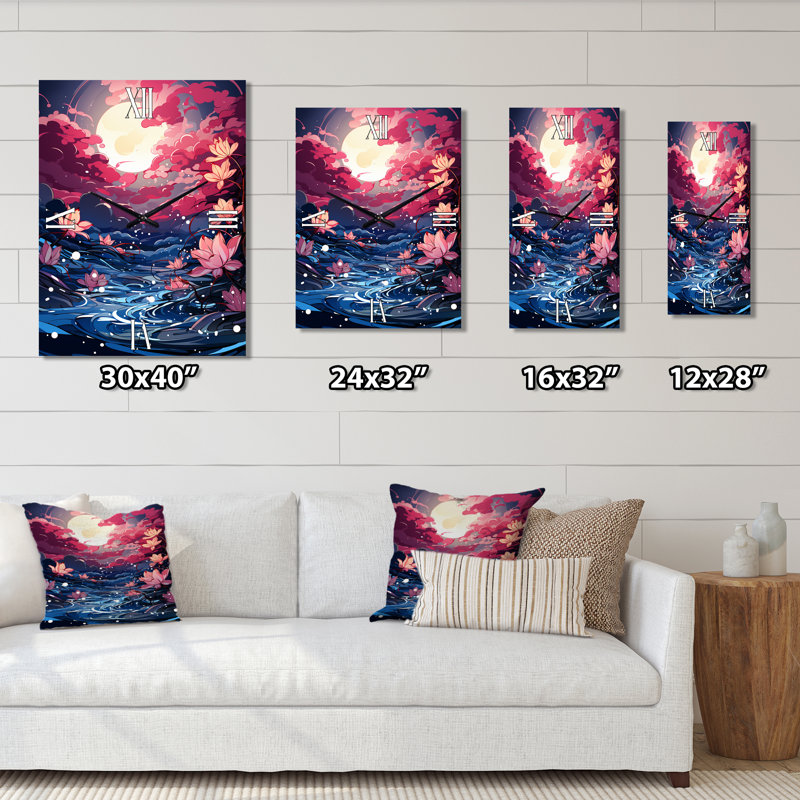 Horloge murale lys abstrait rose sous une lune brillante, Petit
