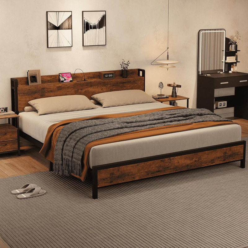 Industrial Full/Queen/King Bed Frame with Charging Station & Storage - Rustic Brown, No Box Spring Needed, King