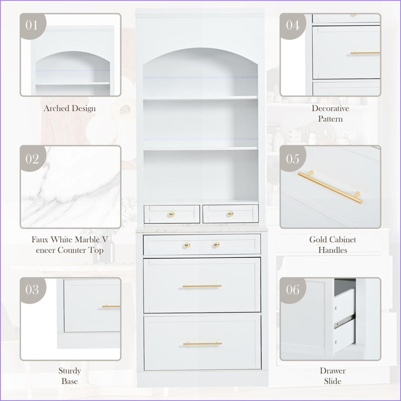Modern 83.7” White Kitchen Pantry with Faux Marble Top, 5 Drawers | P2 MDF | Adjustable Shelves