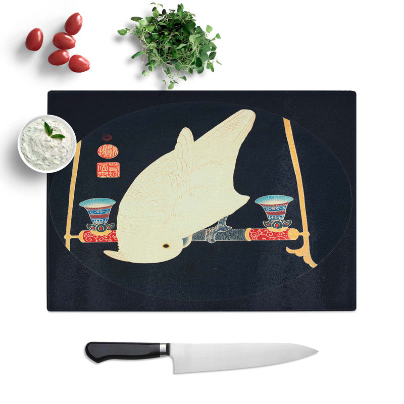 Tempered Glass White Macaw by Ito Jakuchu Chopping Board, 28.5 cm W x 20 cm L