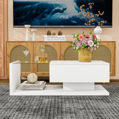 Contemporary High-Gloss Coffee Table with Tempered Glass Top and Storage Drawer