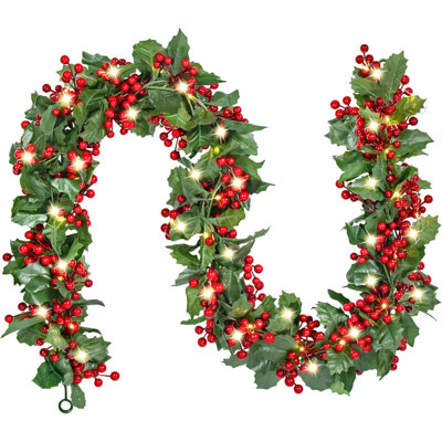 Guirlande de Noël avec baies rouges avec lumières, guirlande de Noël artificielle 5,9 pi avec guirlande de Noël