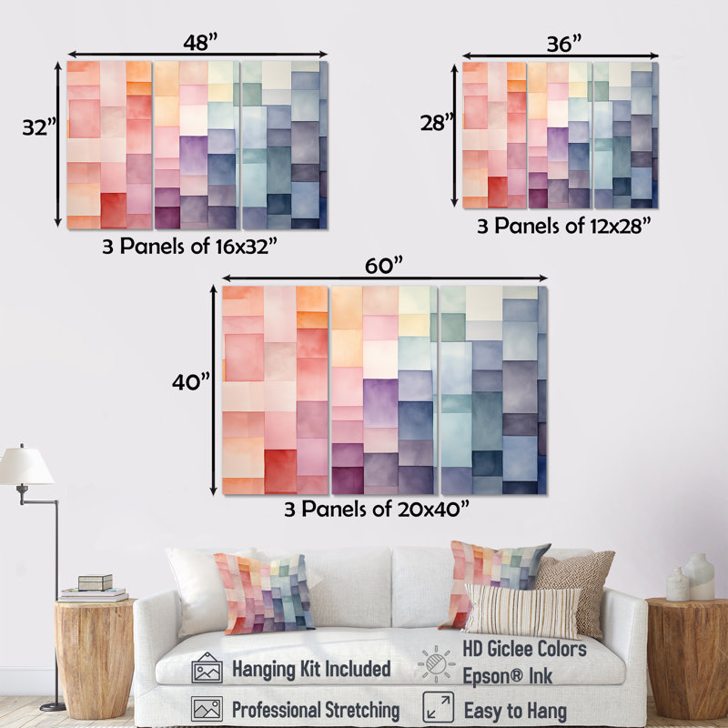 Motif de cubes multicolores III - art mural géométrique, Toile tendue, H 32 po x l 48 po x P 1 po