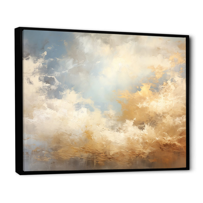 Beige doré minimalisme nuages V - nuages mur art salon, Cadre flottant noir, H 16 po x l 32 po x P 1 po