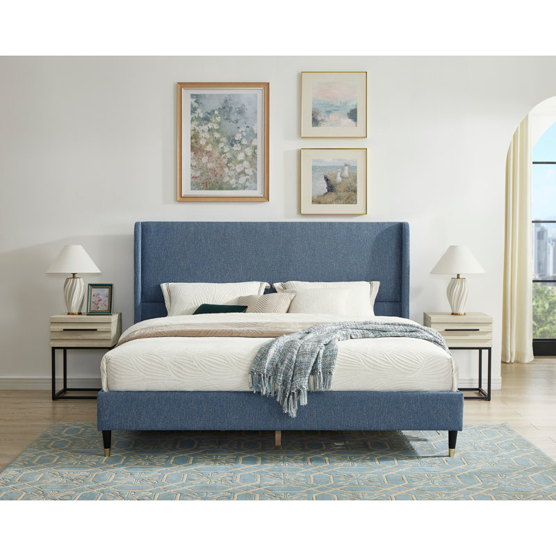 Rozitta Upholstered Wingback Bed, Queen, Blue Polyester