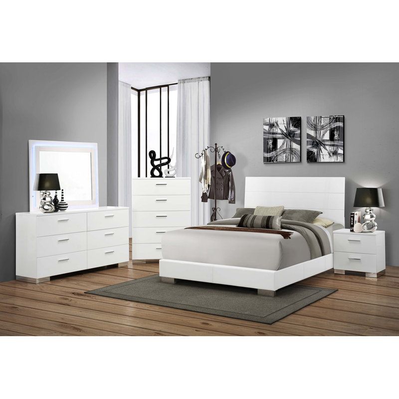 Cayser Bedroom Set White High Gloss, 5 Pcs: Bed, Nightstand, 2 Dressers, Mirror, King