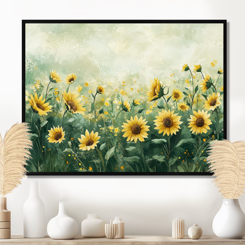 Dorce Summer Sunflower Meadow In Canada - Tournesols, art mural, H 30 po x l 40 po, Impression encadrée flottante