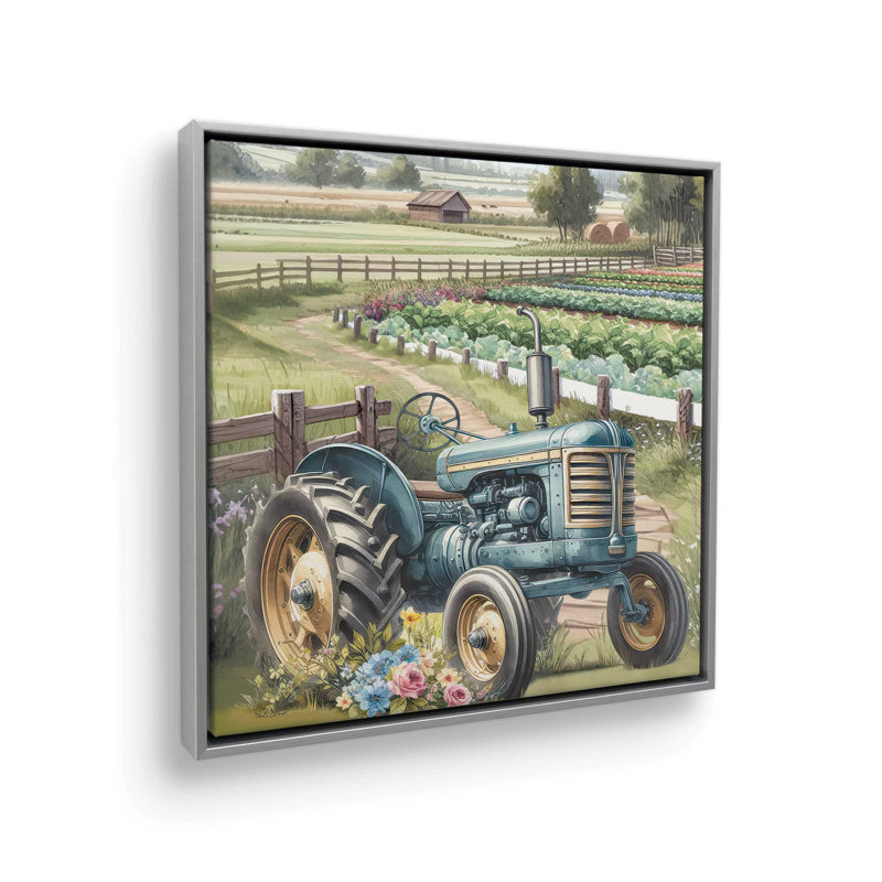 «Blue Floral Tractor» par Nicole DeCamp, reproduction d'art, L 20 po x H 20 po, Argent, Toile avec cadre