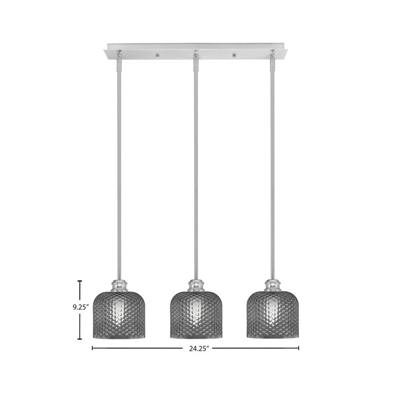Luminaire suspendu linéaire à 3 lumières avec verre de 6 po Edge, Nickel brossé, Fumée texturée