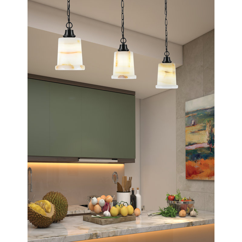 Luminaire suspendu en chaîne au fini noir mat avec abat-jour en pierre naturelle de 5 po, Noir mat