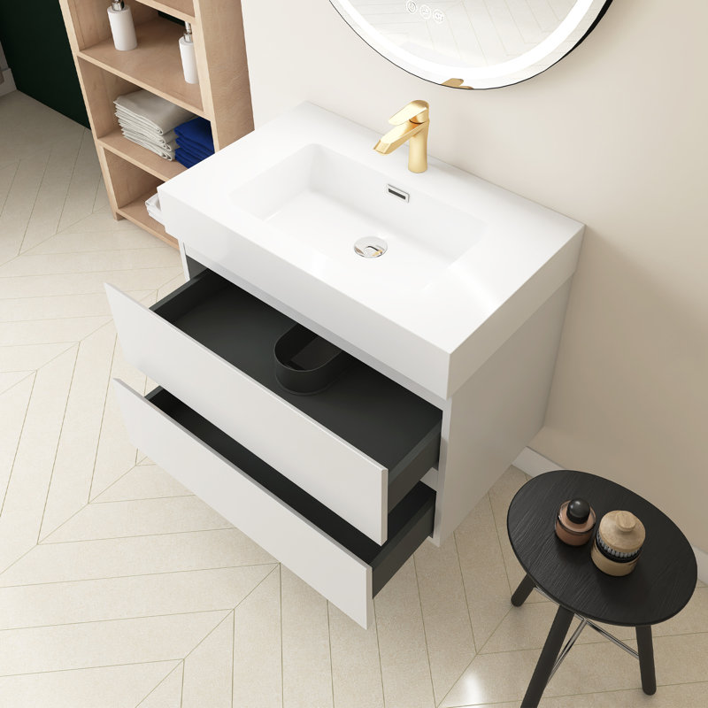 Louka 29.9'' Single Bathroom Vanity with Quartz Top, White, White