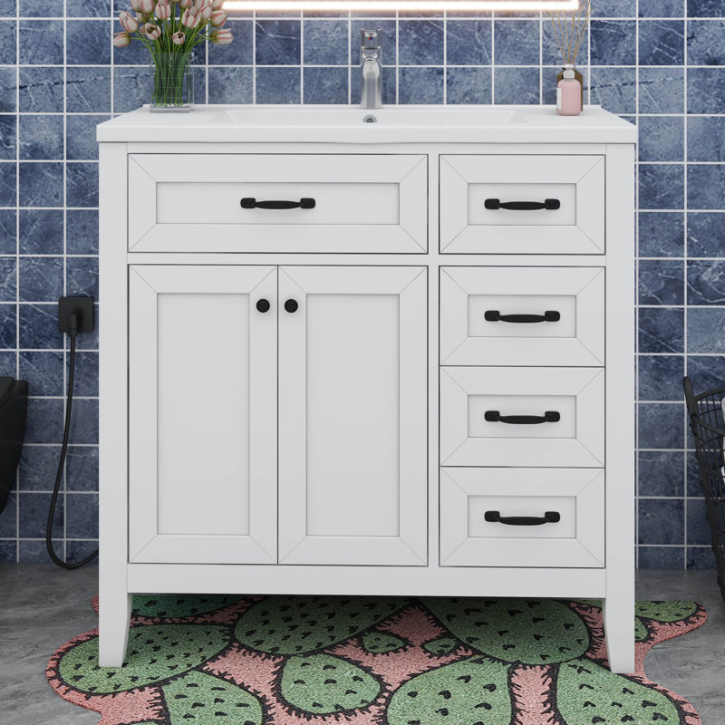 Meuble-lavabo 36 po avec lavabo en céramique 36 po, meuble-lavabo autoportant avec 2 tiroirs, Blanc