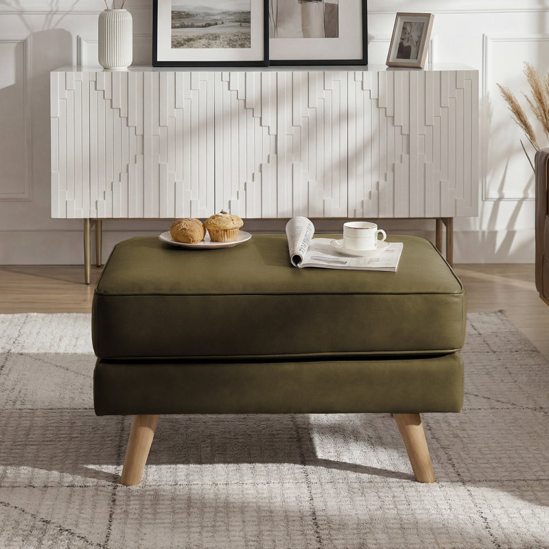 Repose-pieds rembourré Mid-Century de 29,7 po de largeur Havens, repose-pieds en similicuir avec pieds en bois massif, tabouret de table basse pour le salon, la chambre à coucher et le vestibule