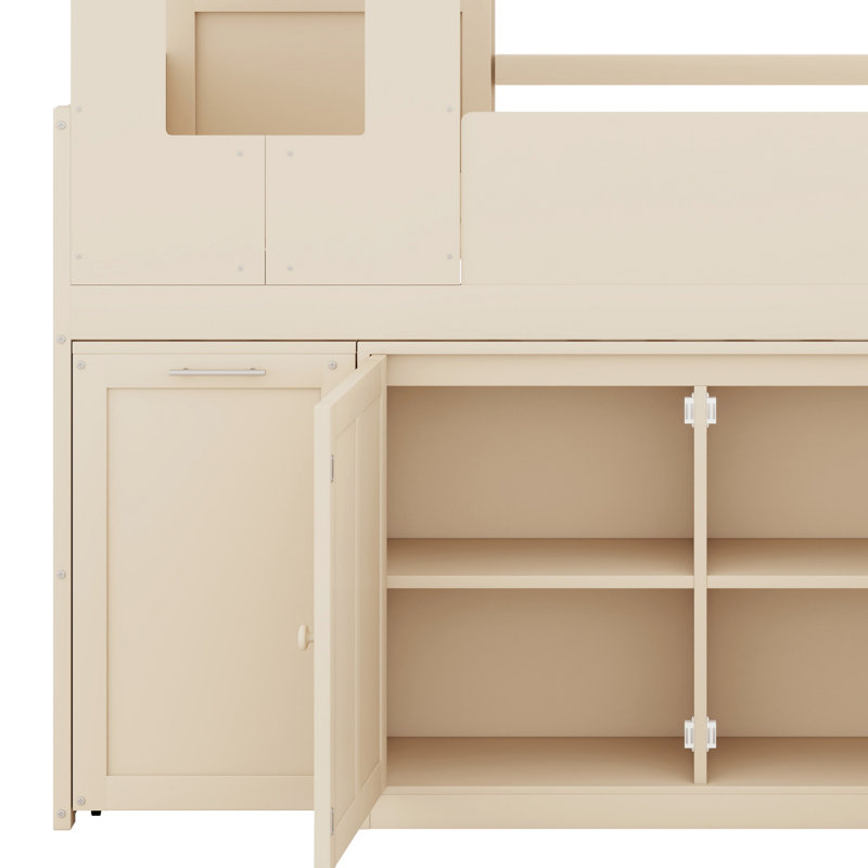 Lit mezzanine multifonctionnel avec bureau intégré, tiroirs de rangement et armoires, Beige