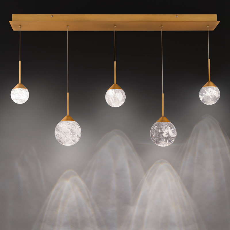 Quest 5 Light Crystal LED Multi-Light Pendant, Aged Brass