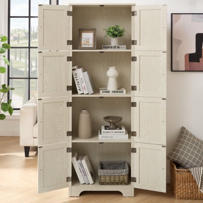 Armoire de rangement de 72,4 po de hauteur avec 8 portes et 4 tablettes, bibliothèque, salon, cuisine, salle à manger, armoire de rangement autoportante, WHI, buffet