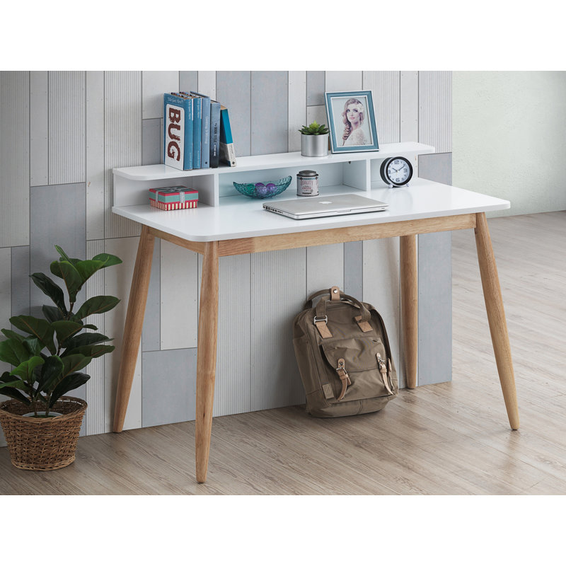 Bureau d'écriture avec rehausse Mid-Century, Blanc / Brun