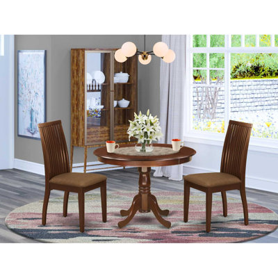 3 Piece Dining Room Furniture Set Contains a Round Dining Table with Pedestal and 2 Linen Fabric Upholstered Chairs, Mahogany