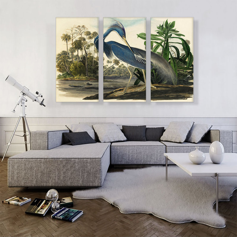 «Louisiana Heron» par James Audubon, ensemble de 3 reproductions d'art sur toiles tendues, H 40 po x l 60 po x P 0,75 po