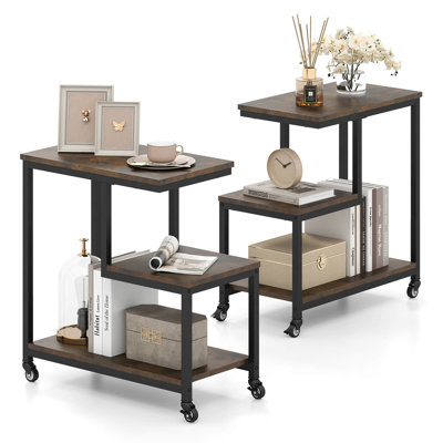 Ensemble de 2 tables de bout modernes en forme de G avec tablettes de rangement et roulettes verrouillables pour le salon