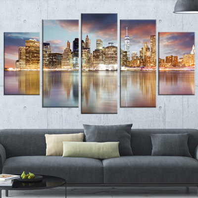 New York Skyline At Sunrise With Reflection - 5 Piece Wrapped Canvas Photograph