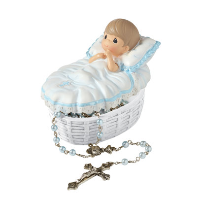 Precious Moments Baby Boy Baptism 2-Piece Rosary and Covered Trinket Box Set 2.76 Inch