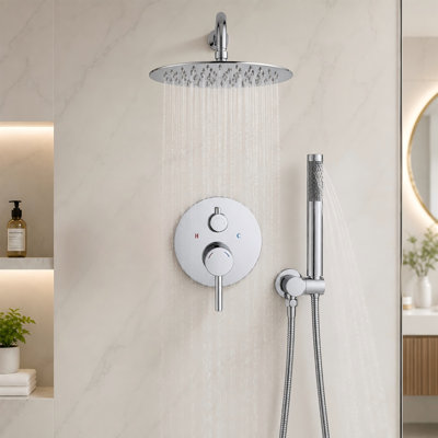 Ensemble de système de douche (mural) avec une douche à effet pluie de 11 pouces de diamètre et une douche à main, fini avec un placage chromé.