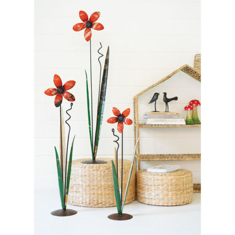  Metal Flower Sculptures 37" Tall – Recycled Iron Decorative Floral Set of 3