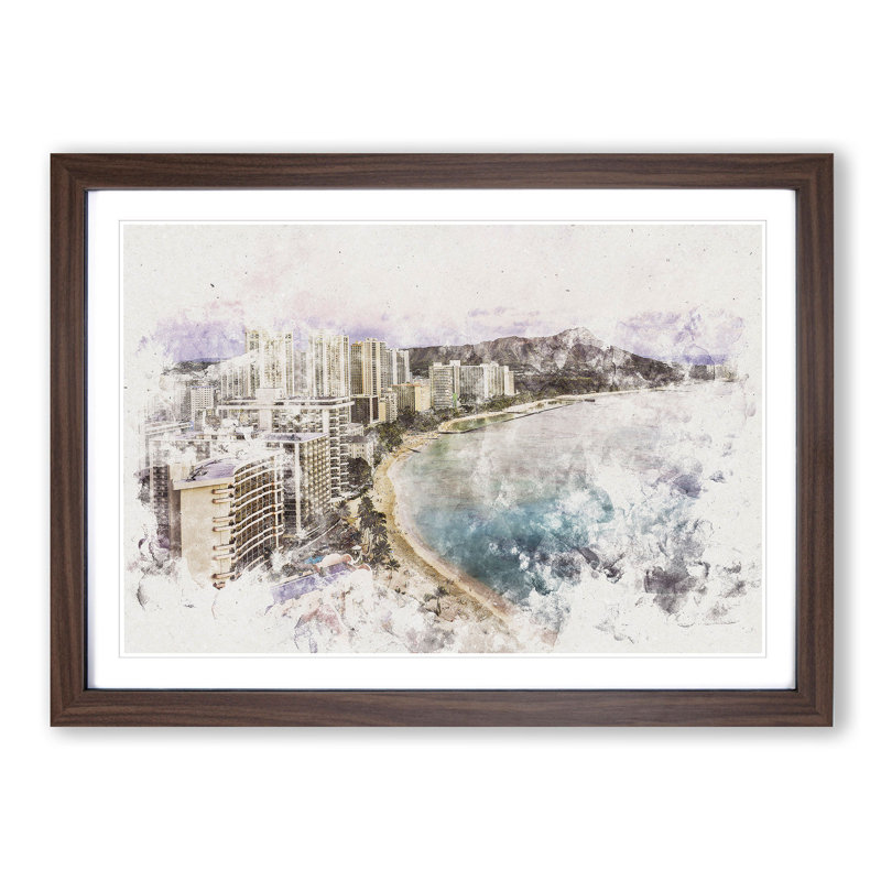 Dusk View of Waikiki Beach 1 Piece Single Picture Frame Painting on MDF, 24cm H x 33cm W x 2cm D, Walnut Framed
