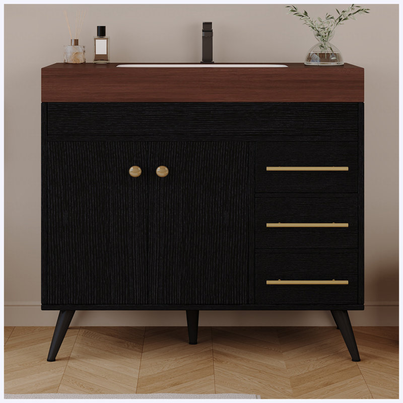 Meuble-lavabo sur pied 36 po avec lavabo en céramique intégré et comptoir en faux marbre, meuble-lavabo simple moderne