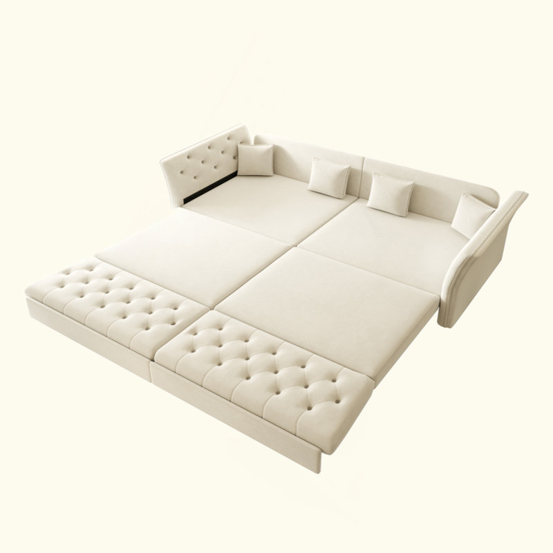 Oversize Pull Out Sofa Bed,  Convertible Sleeper Sofa With Handmade Fabric Flower Tufted Design,Multi-Functional Velvet Loveseat Bed For Living Room,Bedroom,Apartment
