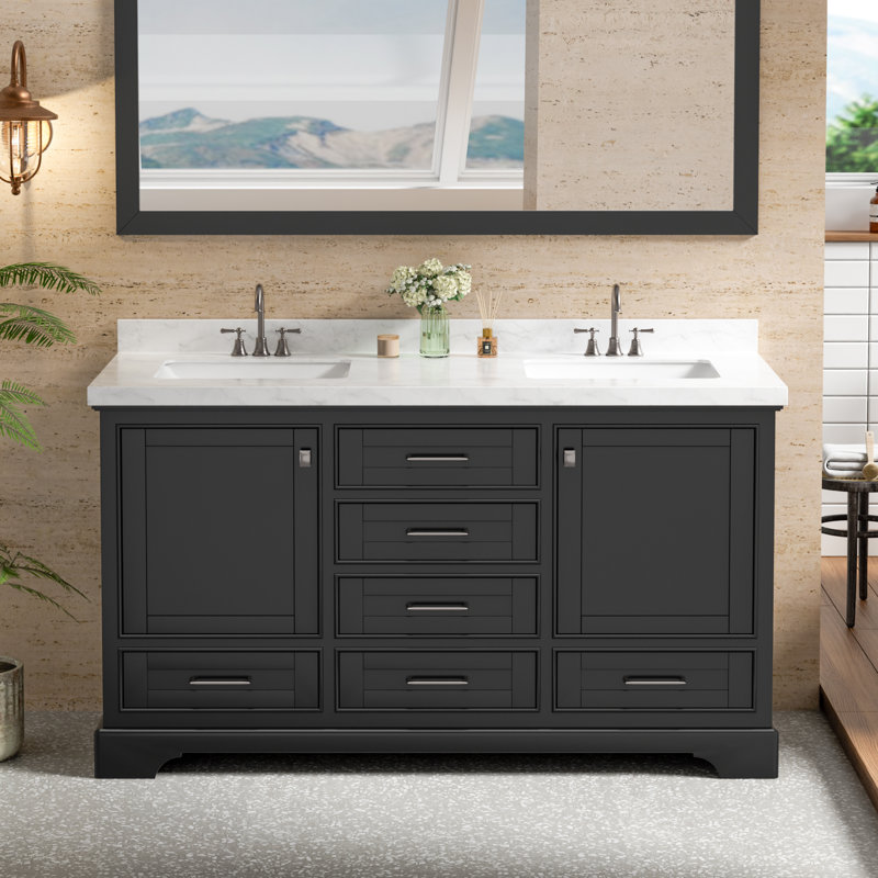 Linsay Fully Assembled 60" Double Sink Bathroom Vanity with Engineered Stone Top, Black