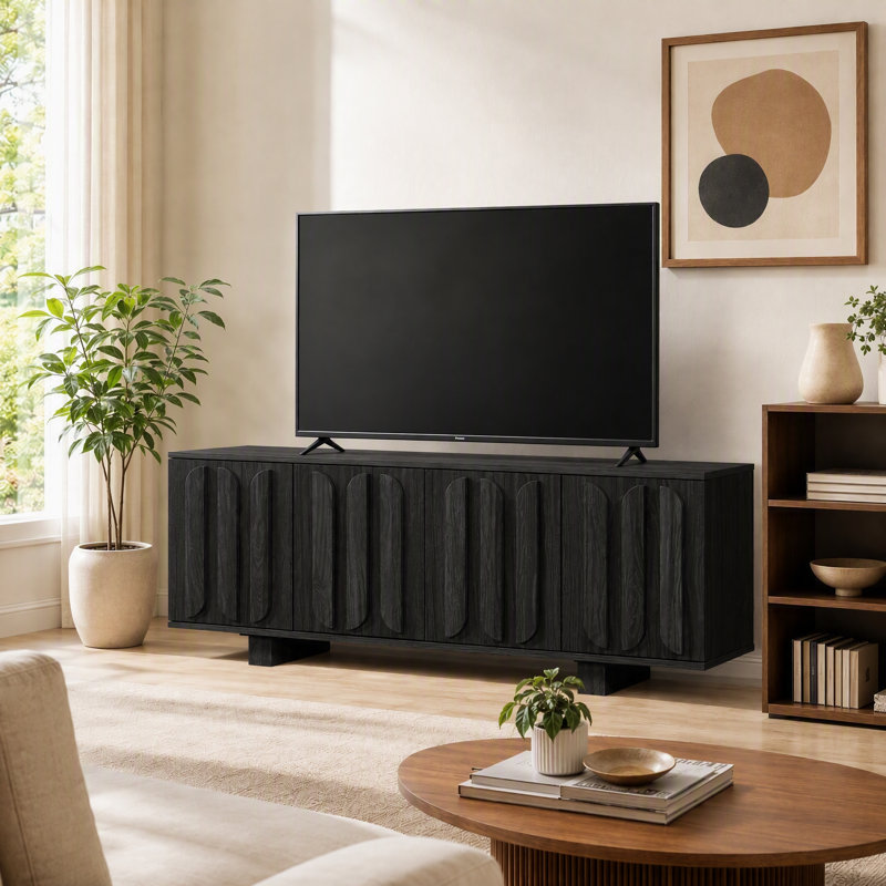 Meuble télé moderne en bois avec tablettes réglables et 3 trous pour câbles, Noir