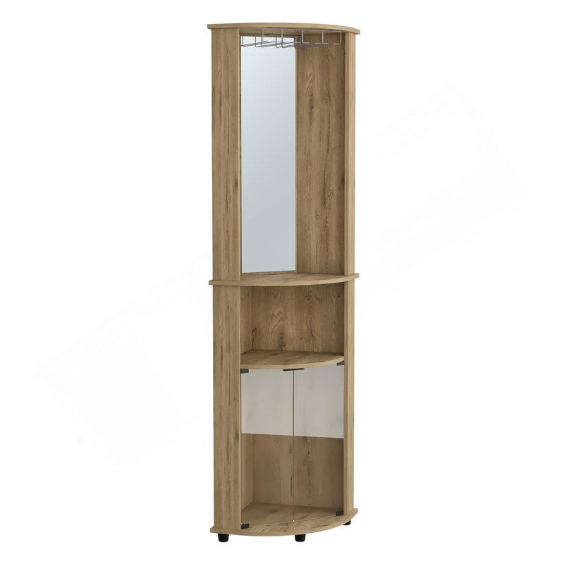 Armoire de bar en coin à miroir H 75 po Chicago, avec portes en verre, deux tablettes et verres à pied, Beige