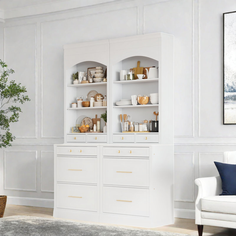 Garde-manger moderne avec plateau en faux marbre, 5 tiroirs et une tablette réglable, ensemble de 2, Blanc, Doré